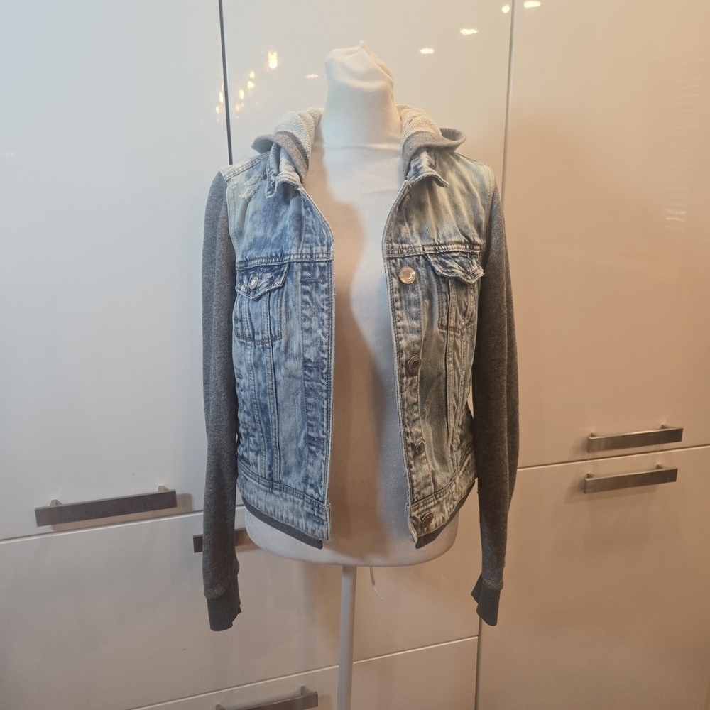 American Eagle Denim & Terry Sweatshirt Hoodie Blue Denim Jacket Womens Small
